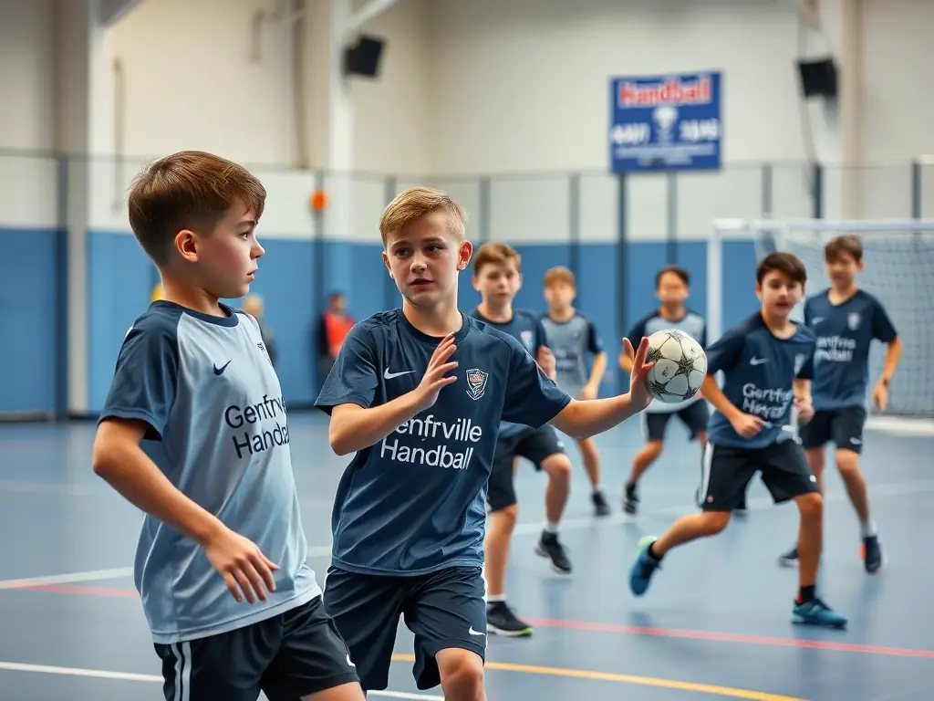 A dynamic action shot of young handball players in a training session, focusing on skill development and teamwork, set against the backdrop of a modern indoor sports hall.