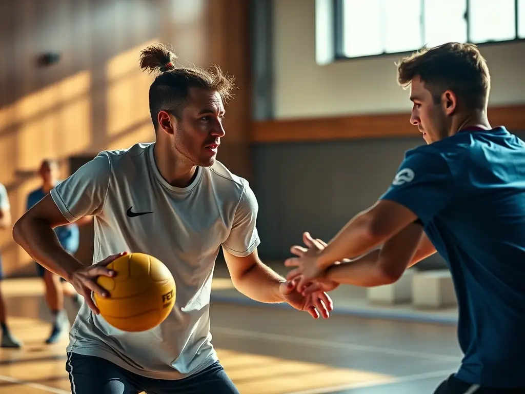 An image of adult handball players strategizing during a game, highlighting the intensity and tactical aspects of the sport.