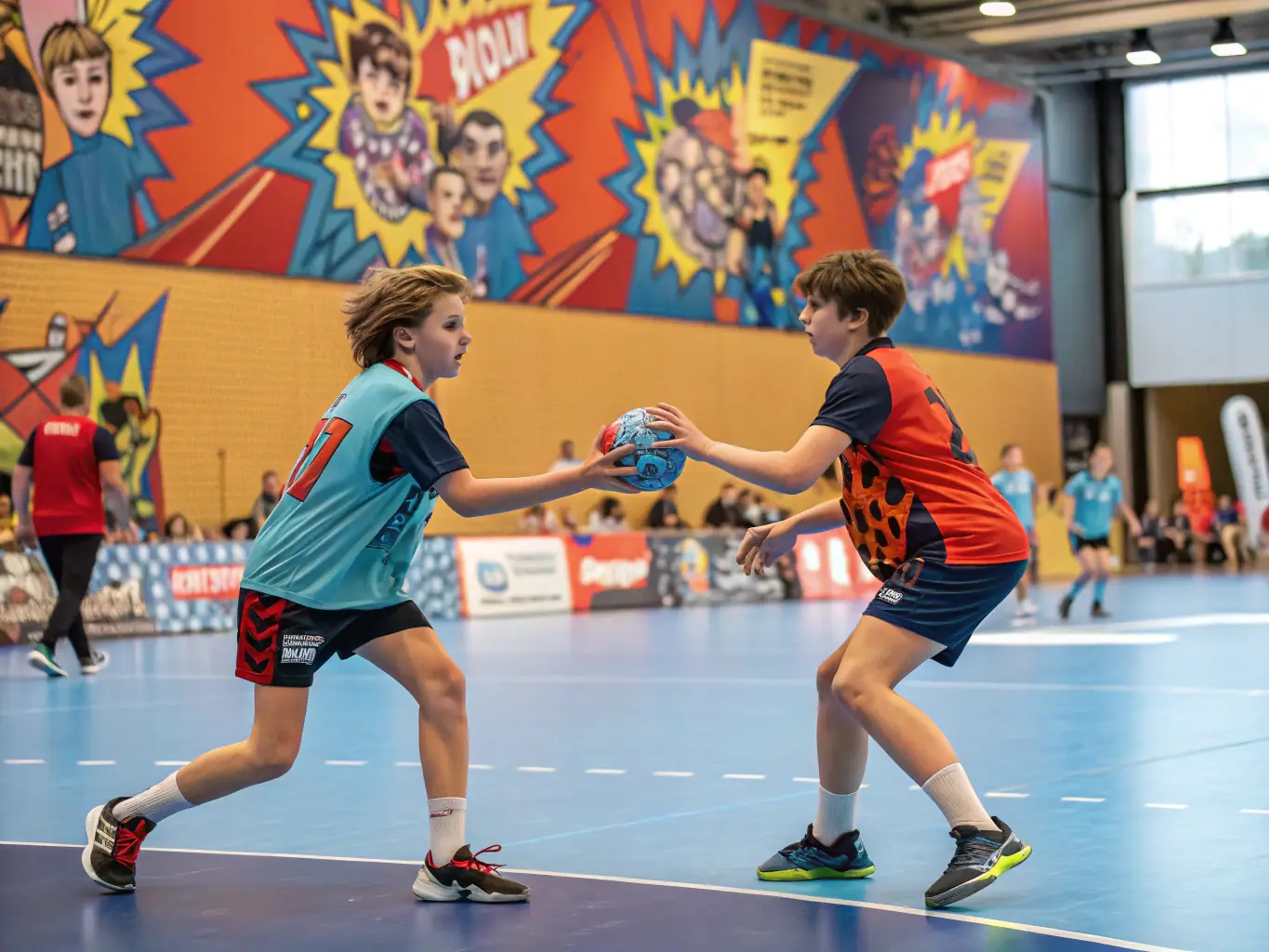 A dynamic image of young handball players in action during a training session, showcasing their agility and teamwork.