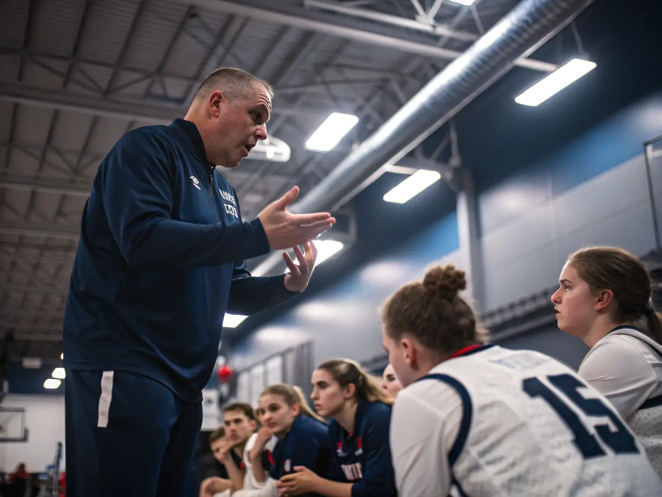 An image of a handball team strategizing during a timeout in a competitive match, showcasing the intensity and tactical aspects of the sport.