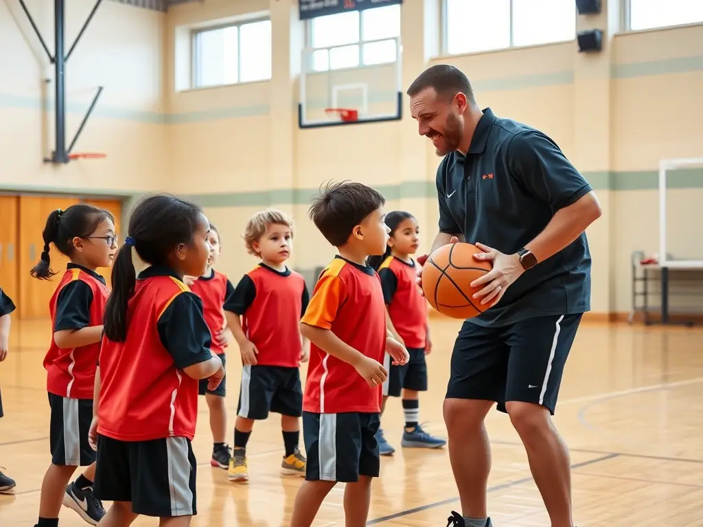 A vibrant image of young handball players in action during a training session, showcasing teamwork and skill development under the guidance of experienced coaches.
